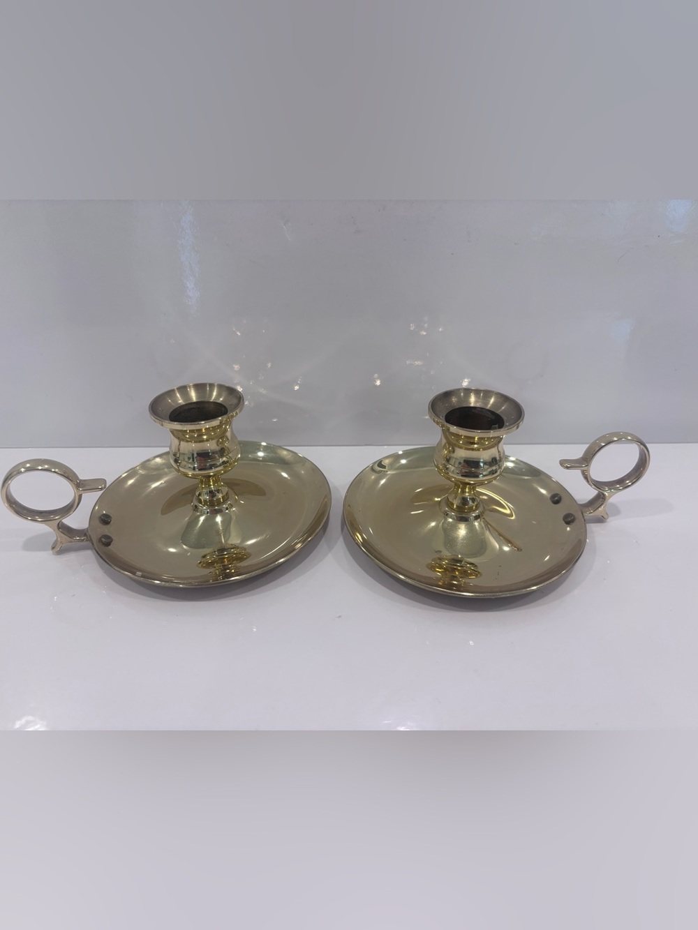 Vintage brass chamberstick candlestick holders finger loop pair colonial style
